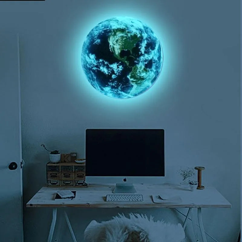 Glow in the dark 3D Earth planet wall sticker in multiple sizes on a wall.