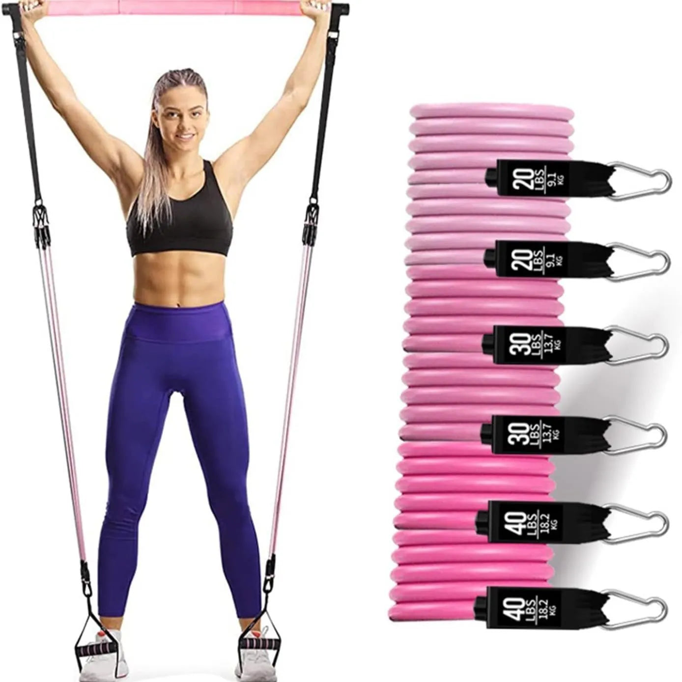 Yoga gymnastic bar with 180-pound TPE resistance band set in pink and black colour options