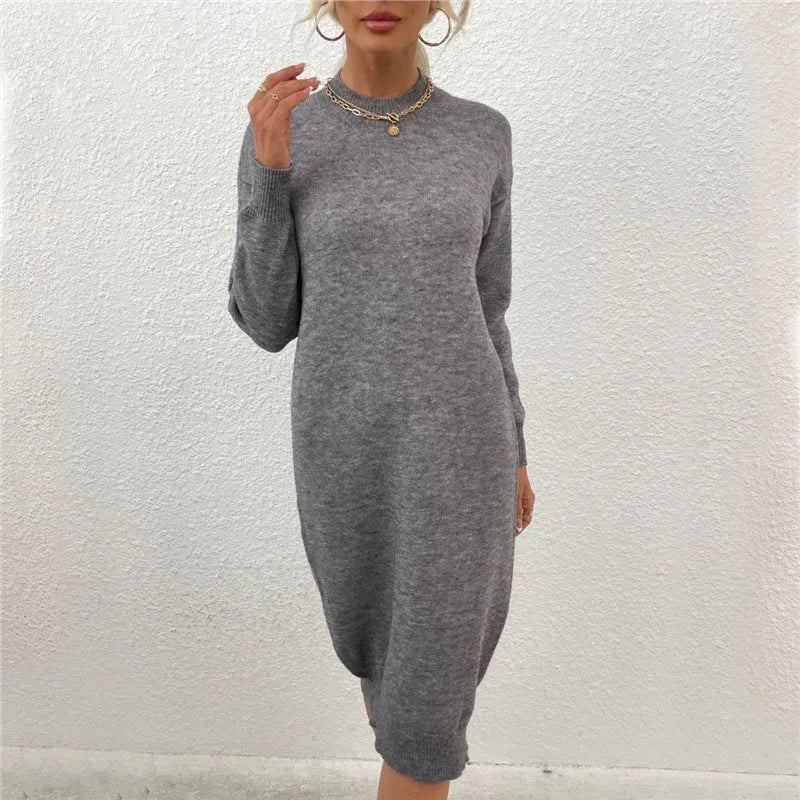 Grey women's crew neck acrylic sweater with long sleeves
