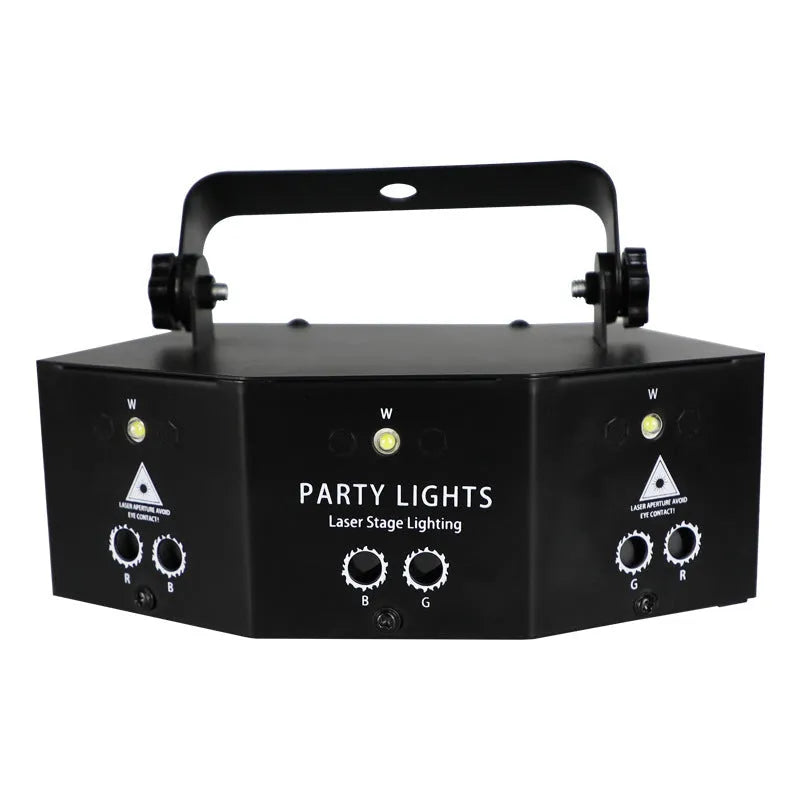 Nine eye laser strobe light with white strobe beads and red green blue lasers, AC110-240V