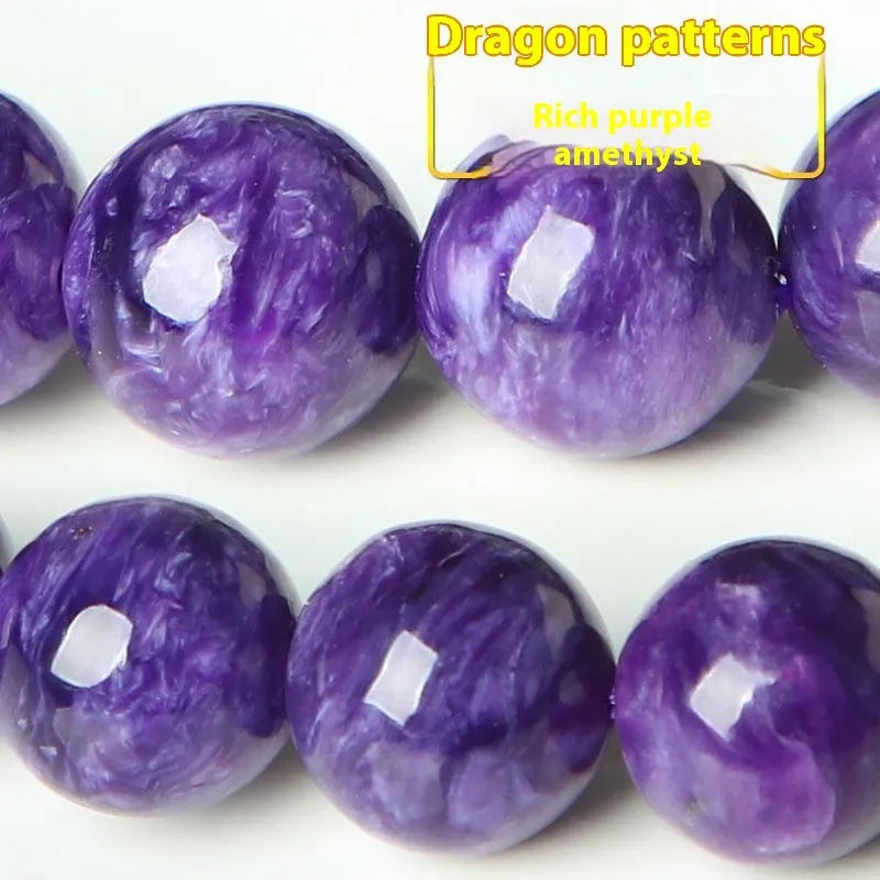 Natural transparent charoite crystal bracelet with platinum-plated fittings showing clear beads
