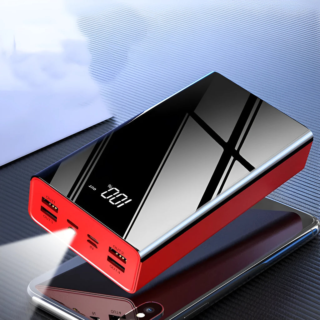Large 40000 mAh capacity power bank with LCD screen in black or red colour.