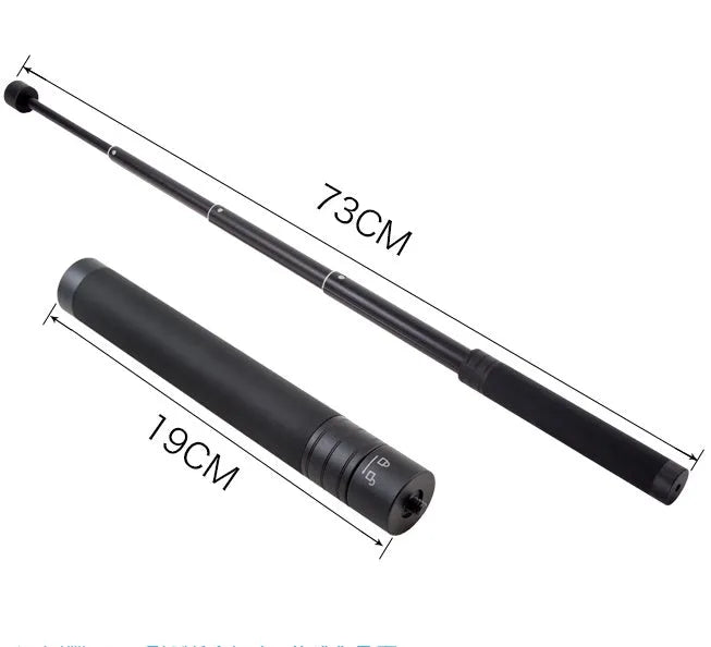Black retractable selfie stick extended to show telescopic sections for phone photography.