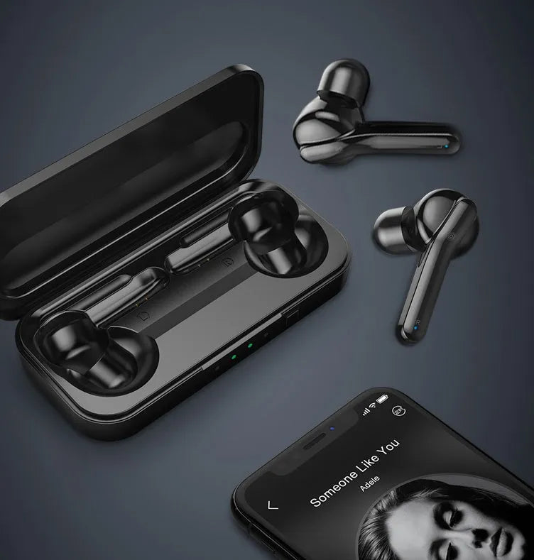 Black and white true wireless Bluetooth earbuds with an IPX5 waterproof rating.