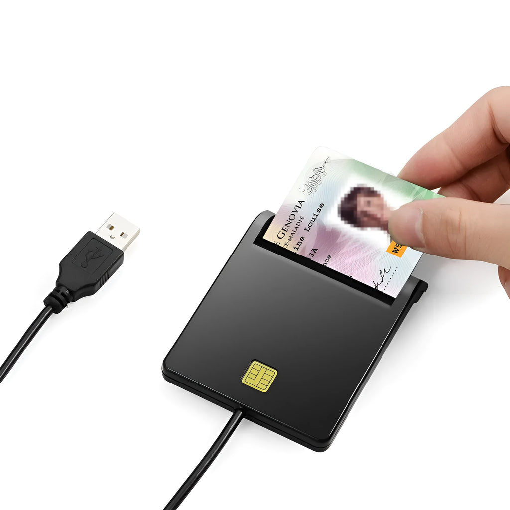 Black USB smart card reader for ID, SIM, CAC, and bank cards with ABS casing