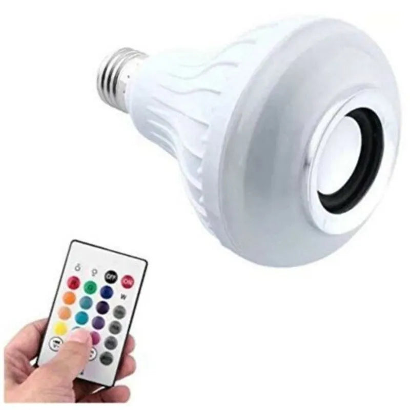 White E27 smart LED bulb with Bluetooth speaker and remote control for 16 colour lights.