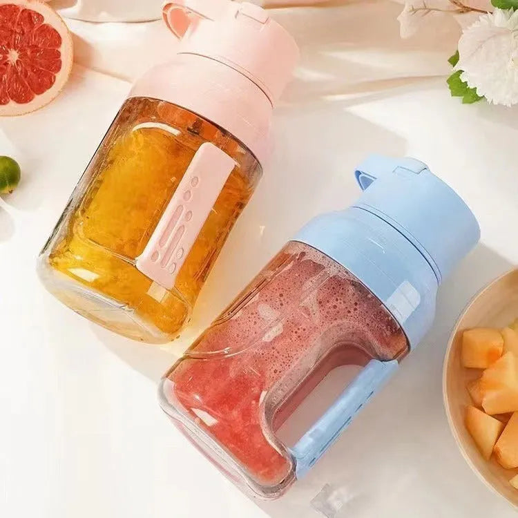 Portable electric juicer with 1500ml capacity, USB rechargeable, eight steel blades, and dual handles in pink colour