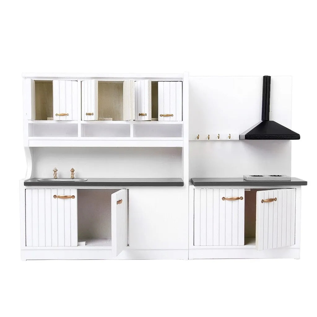 Two-piece white birch wood dollhouse kitchen cabinet set with sink and stove units with doors open showing interior