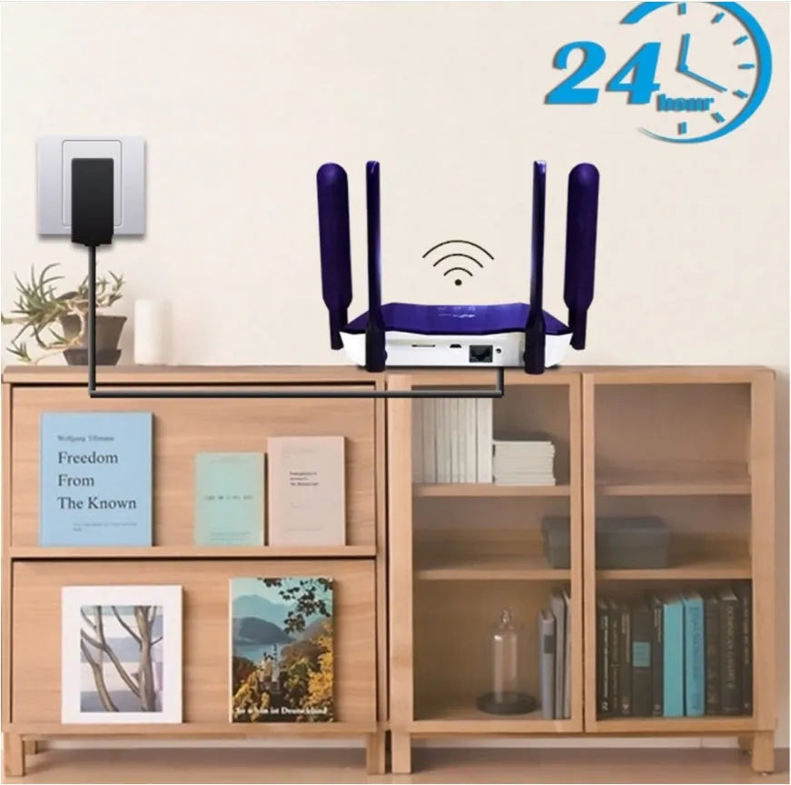 Blue 4G dual-mode router with four antennas, showing compact size and connectivity ports.