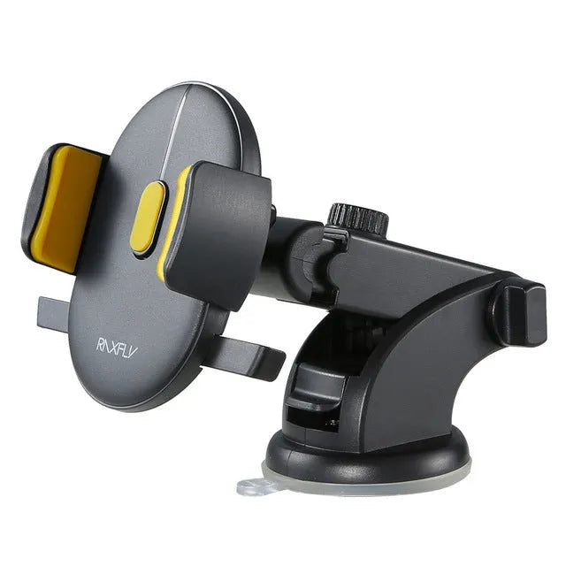 Black telescopic car dashboard phone holder with extended arm and gel suction cup mounted on a textured surface.