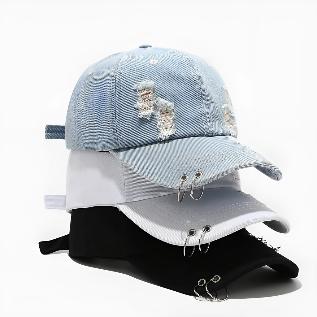Men's cotton denim peaked cap in black with adjustable strap and dome crown for street style sunshade.
