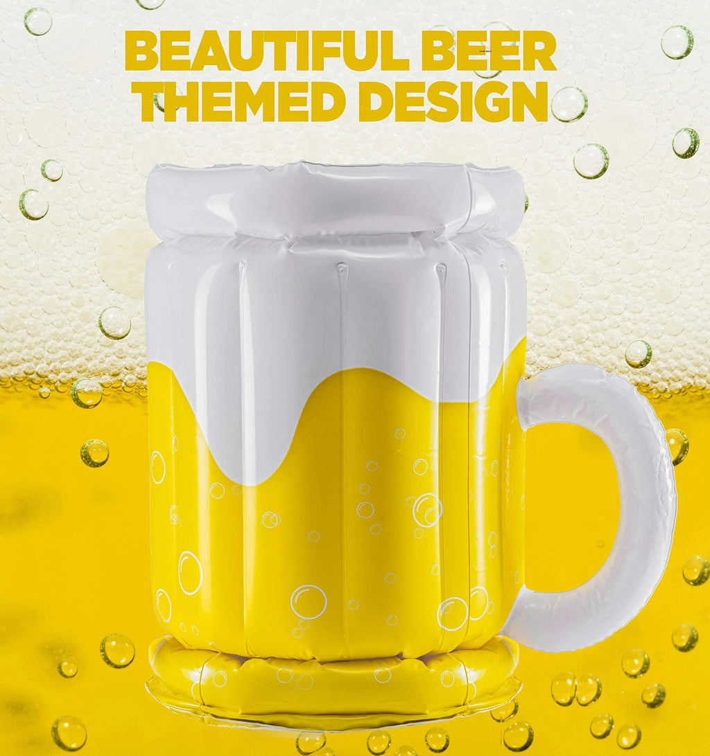 Large yellow inflatable beer mug cooler float holding drinks in a swimming pool