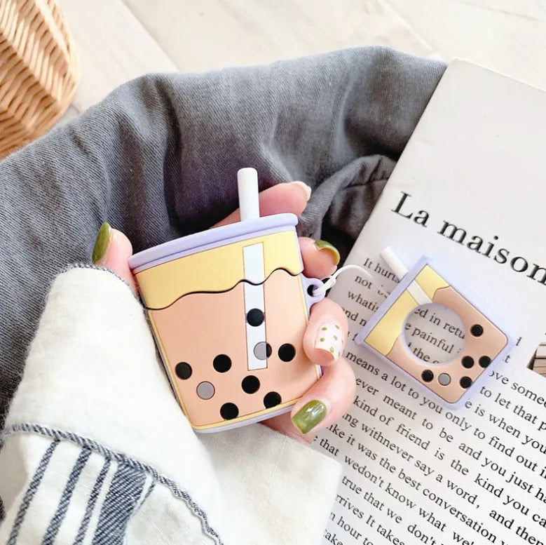 Milk tea silicone earphone cover for Apple AirPods 2nd generation in green, orange, pink, purple colours on white background