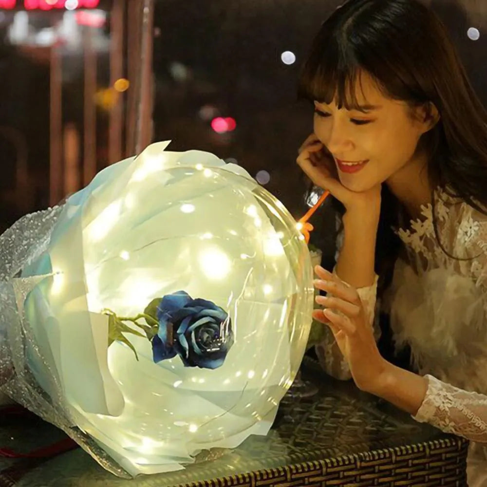 LED luminous balloon rose bouquet transparent boboballoon with artificial flower and LED light, displayed in clear balloon, multiple colour options available