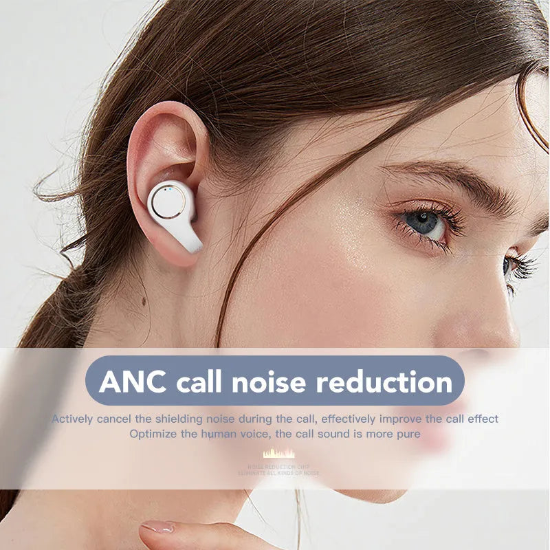 Wireless ANC active noise cancelling Bluetooth headset in black with earplug design and charging case