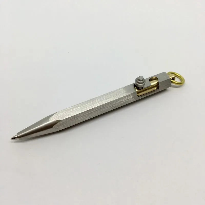 Six-sided stainless steel brass pen keychain with push button and metal shell in colour as shown
