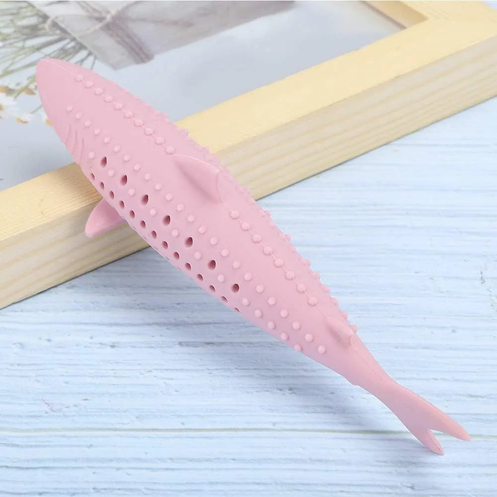 Green silicone fish-shaped chew toy for cats with breathable side holes