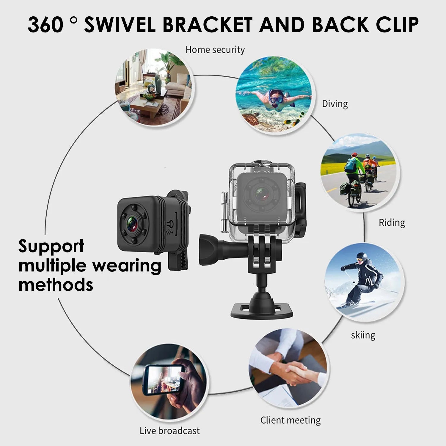 Black SQ29 waterproof sports camera showing its design, compatible with 32GB TF cards and offering 240 minutes of continuous recording.