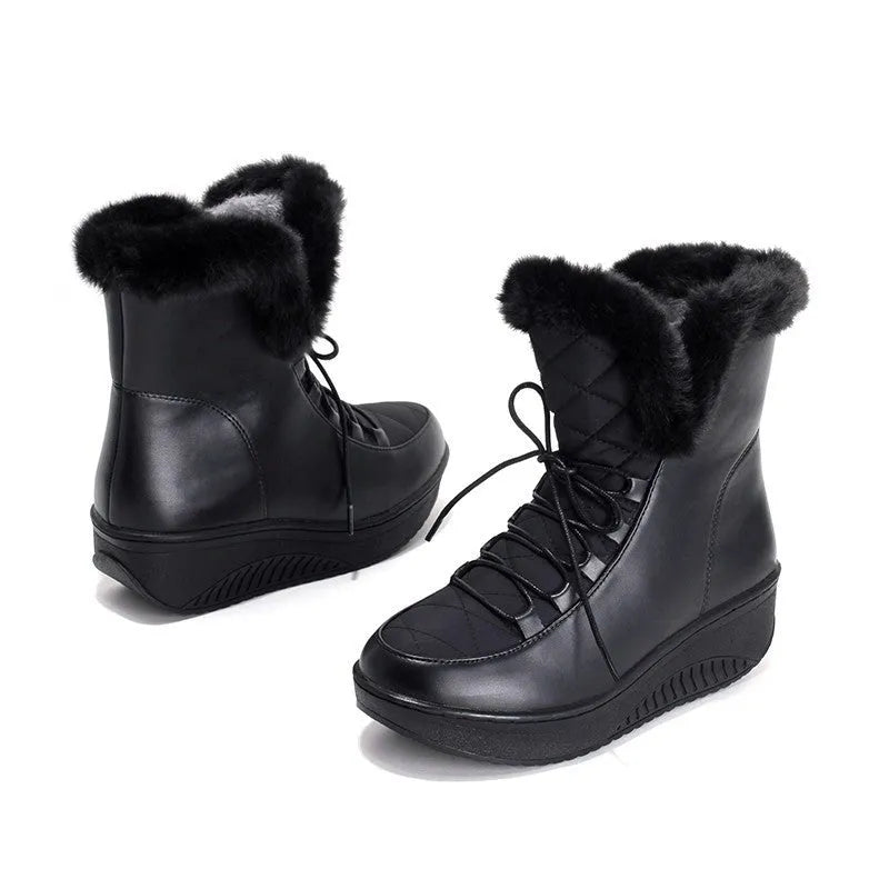 Women's winter boots with 3cm platform heel in black water-resistant PU leather with lace-up closure