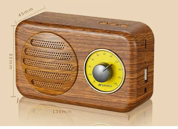 T1 portable Bluetooth speaker in wood grain pink with vintage finish, compact size, and FM radio support
