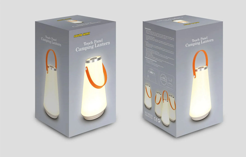 White LED rechargeable night light on a bedside table, 12x12x22cm ABS plastic body with warm glow