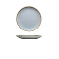 Blue matte ceramic plate with sesame point glaze on a table, 10 inch diameter.