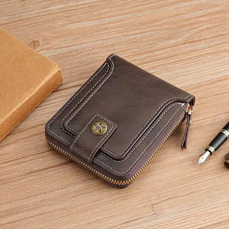 Men's PU 2-fold short wallet in black, dark brown, or light brown for card and cash storage