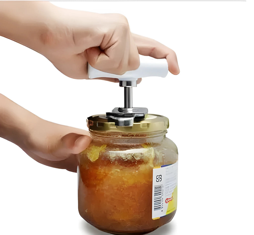 Stainless steel manual adjustable bottle opener with white PP handle and gear mechanism