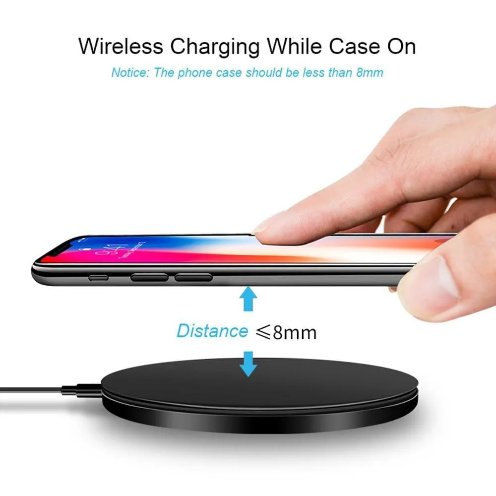 Black ultra-thin wireless fast charging base measuring 98mm square with 6.5mm thickness