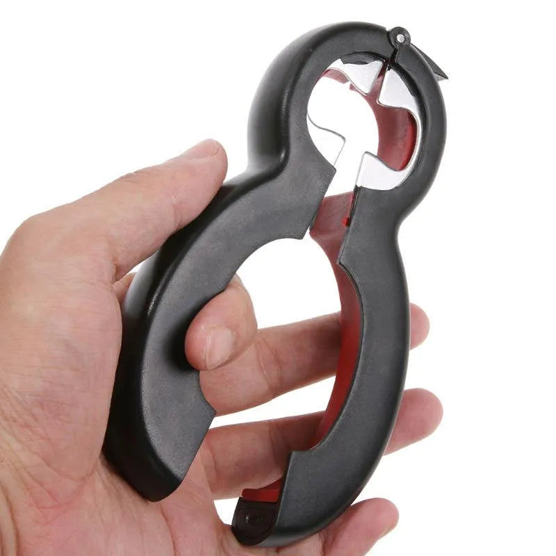 6-in-1 multifunctional can opener and bottle opener in grey on a kitchen worktop showing dual ring design