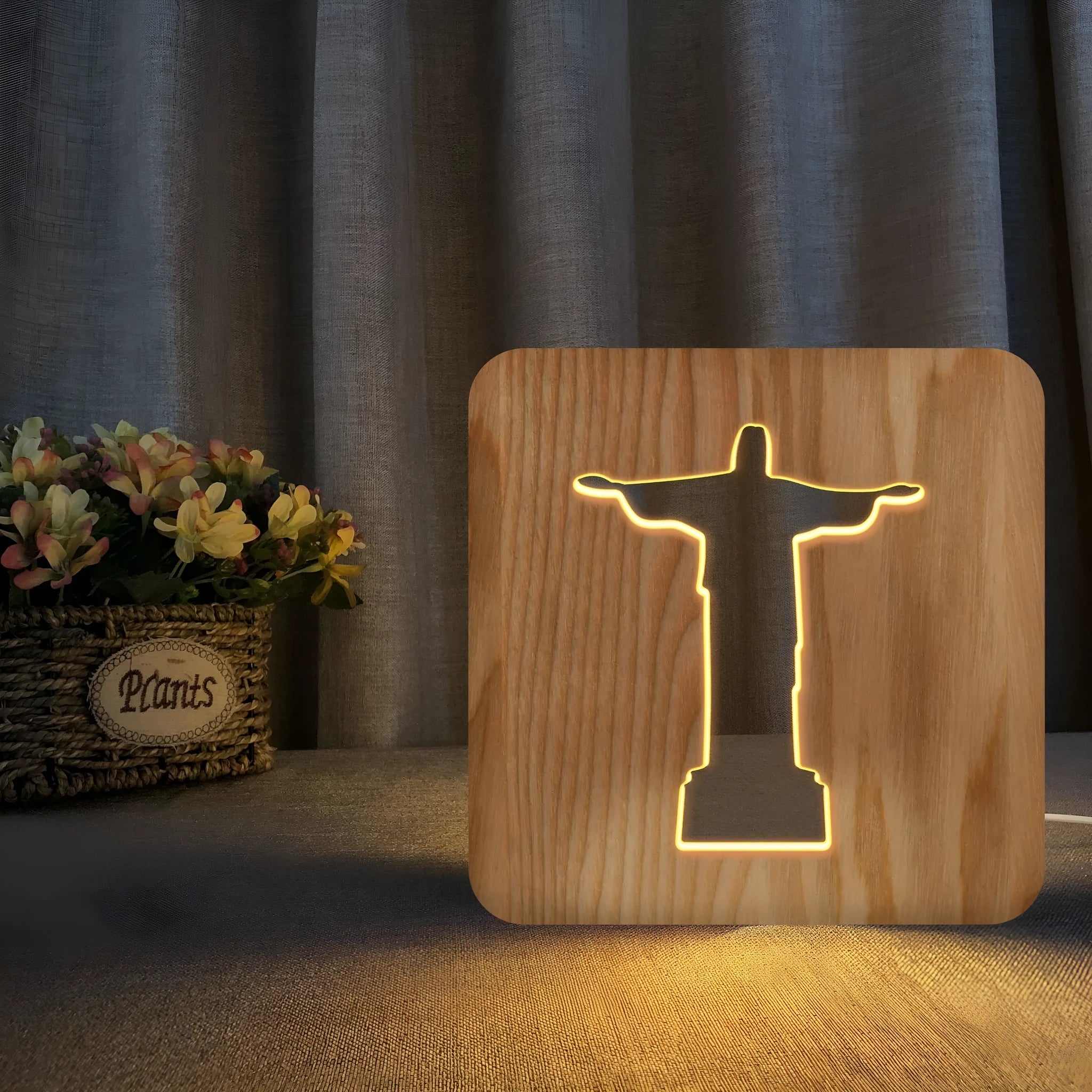 Solid wood hollow night lamp with warm white LED light, compact rectangular design