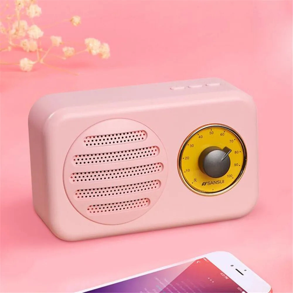 T1 portable Bluetooth speaker in wood grain pink with vintage finish, compact size, and FM radio support