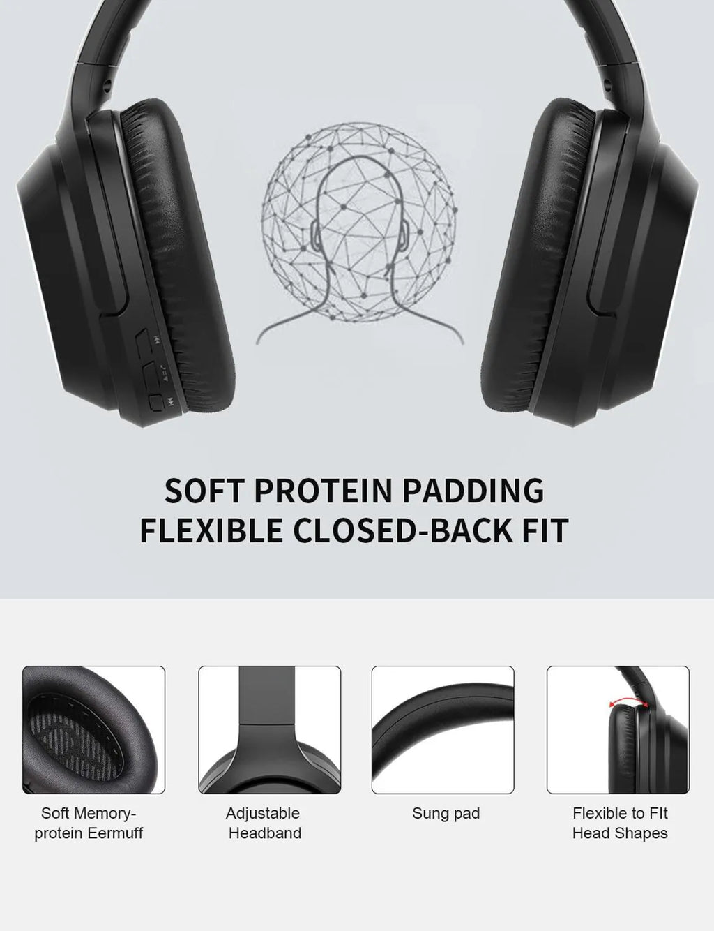 Black Gorsun E98 wireless Bluetooth headphones with over-ear design and memory-protein ear cushions
