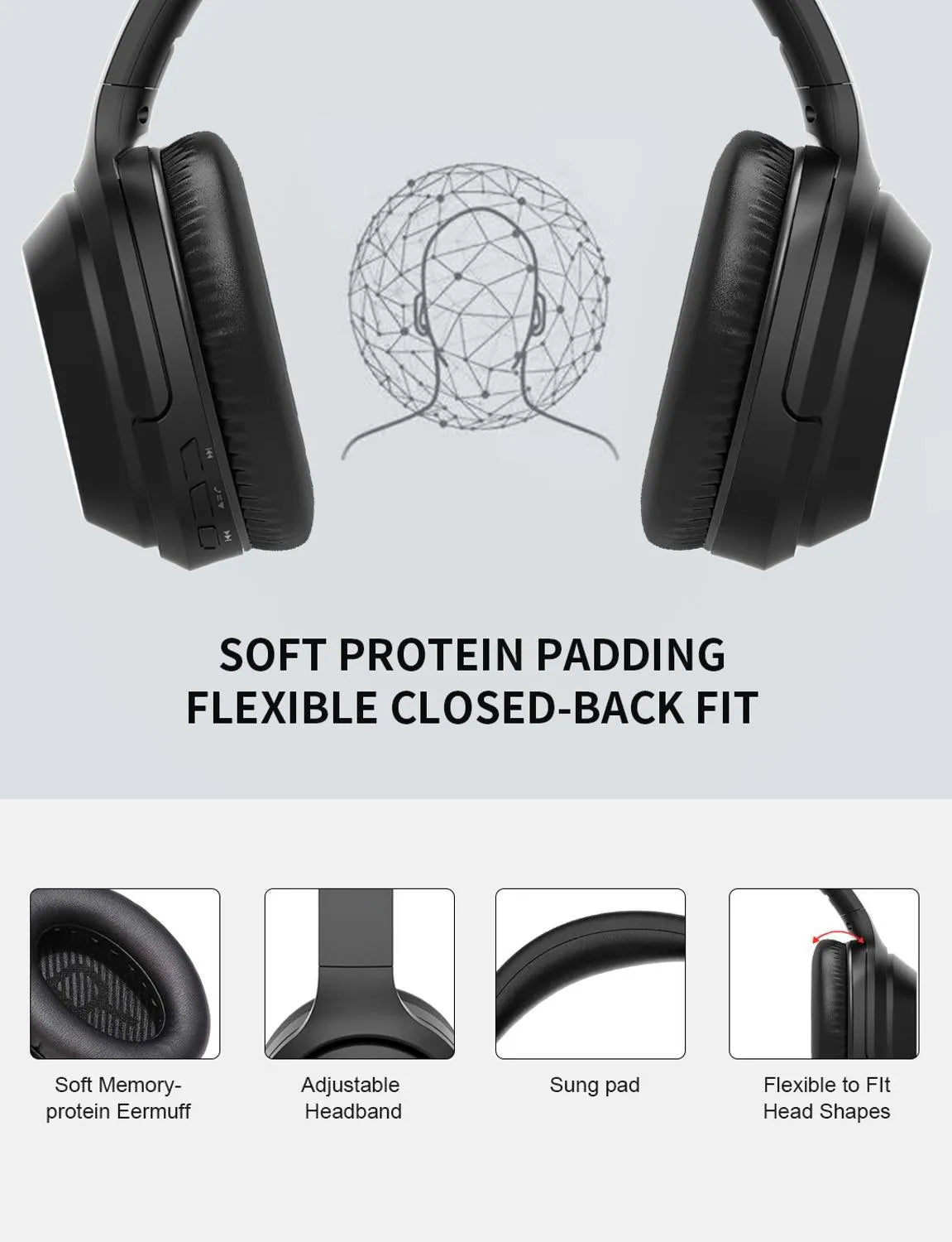 Black Gorsun E98 wireless Bluetooth headphones with over-ear design and memory-protein ear cushions