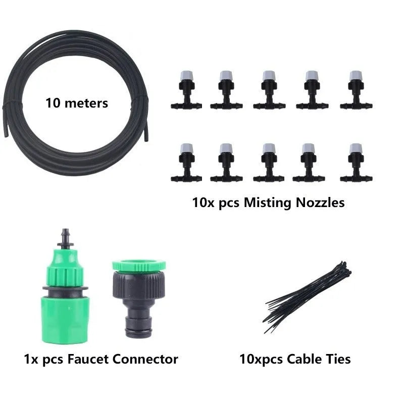 10m garden irrigation micro spray hose kit with ten mist nozzles on green grass
