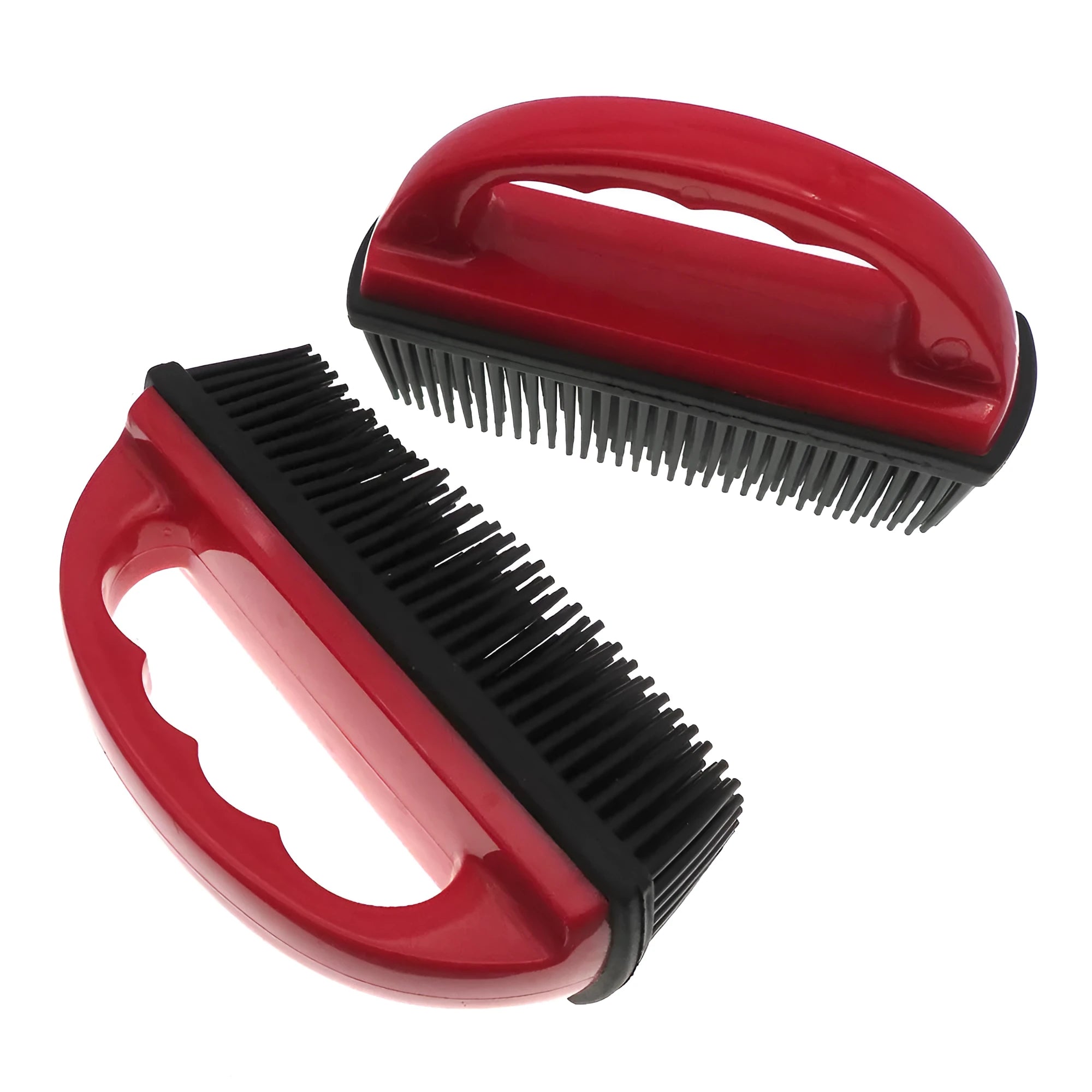 Red plastic pet hair removal brush measuring 160x85mm for grooming and carpet cleaning
