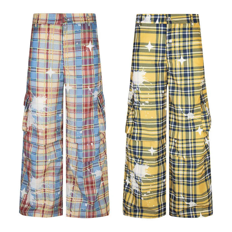 Men's retro plaid loose straight casual trousers in blue polyester fabric with mid waist and straight leg