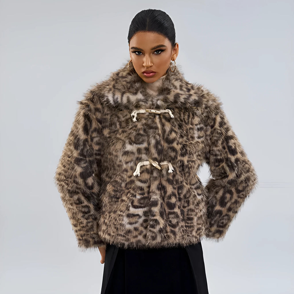 Women's leopard print polyester coat with regular sleeves in street fashion style.