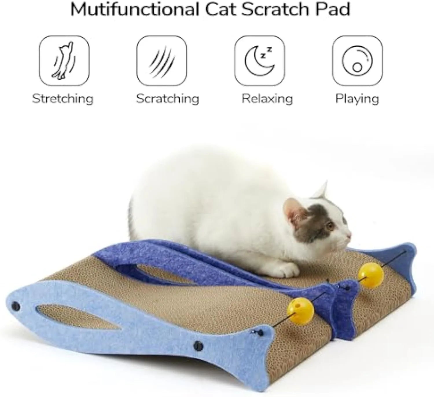Blue fish-shaped cardboard cat scratcher lounge with integrated bell ball toy.