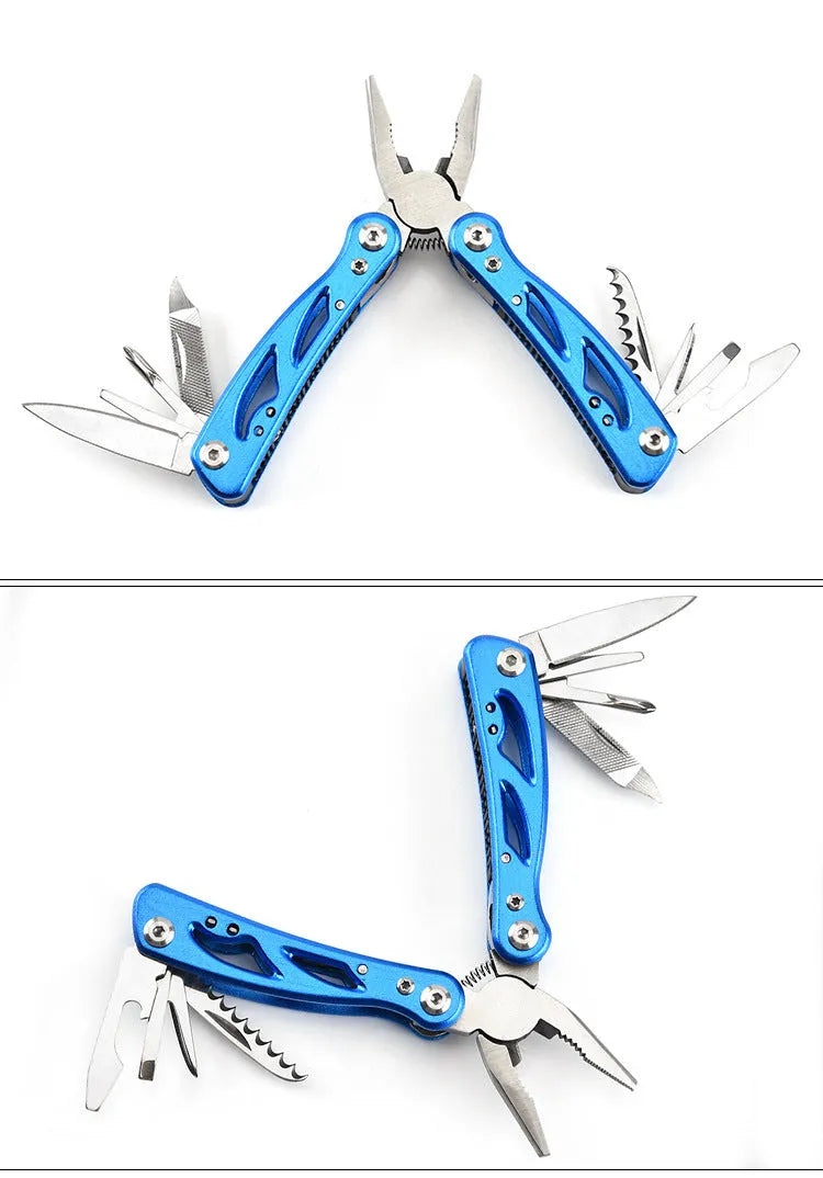 Blue folding outdoor pliers with fruit knife, 125mm, on Oxford storage bag