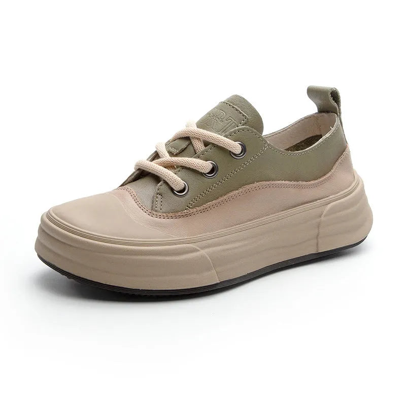 Women's leather platform sneakers in matcha green with round toe and lace-up design
