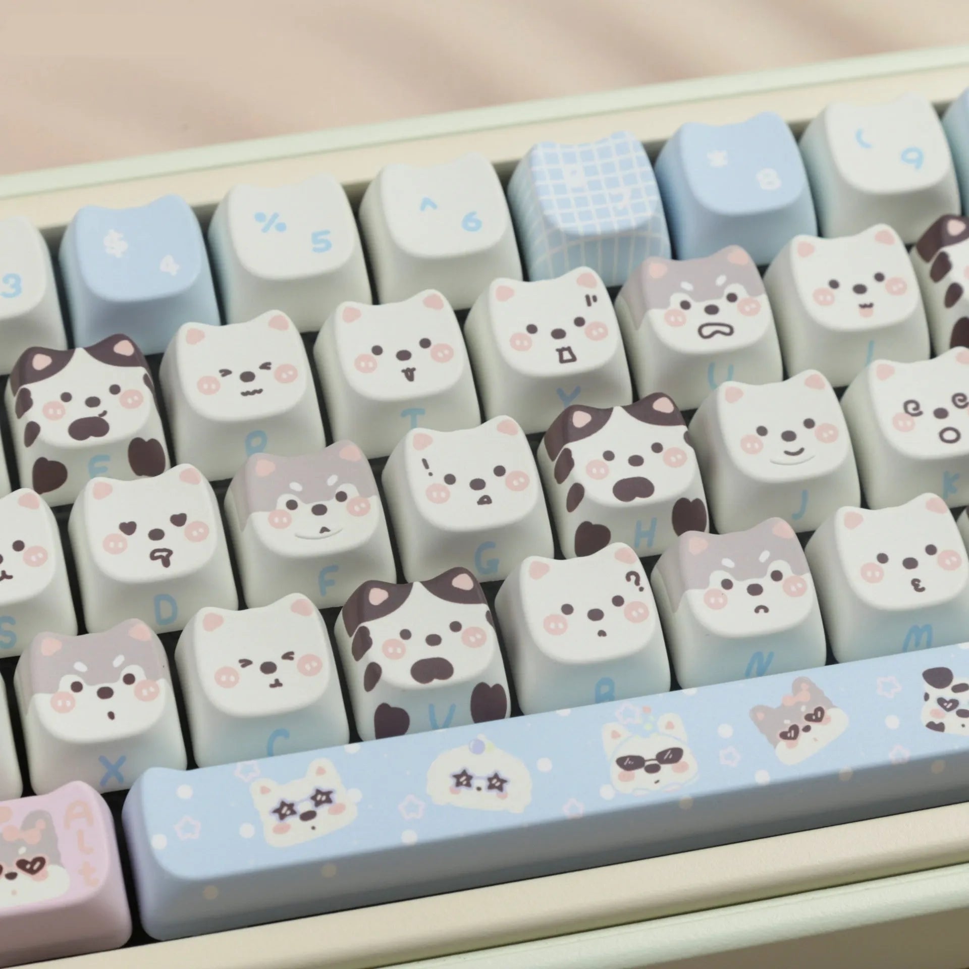 Full set of white PBT keycaps with cute puppy sublimation design for mechanical keyboards