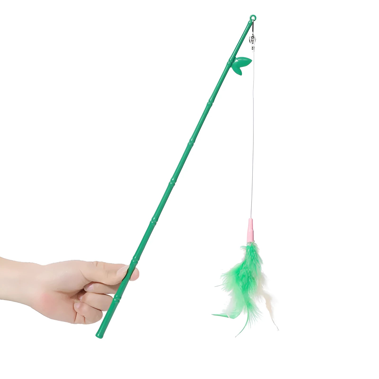 Green interactive cat toy feather wand with bell refills and feathers on a white background