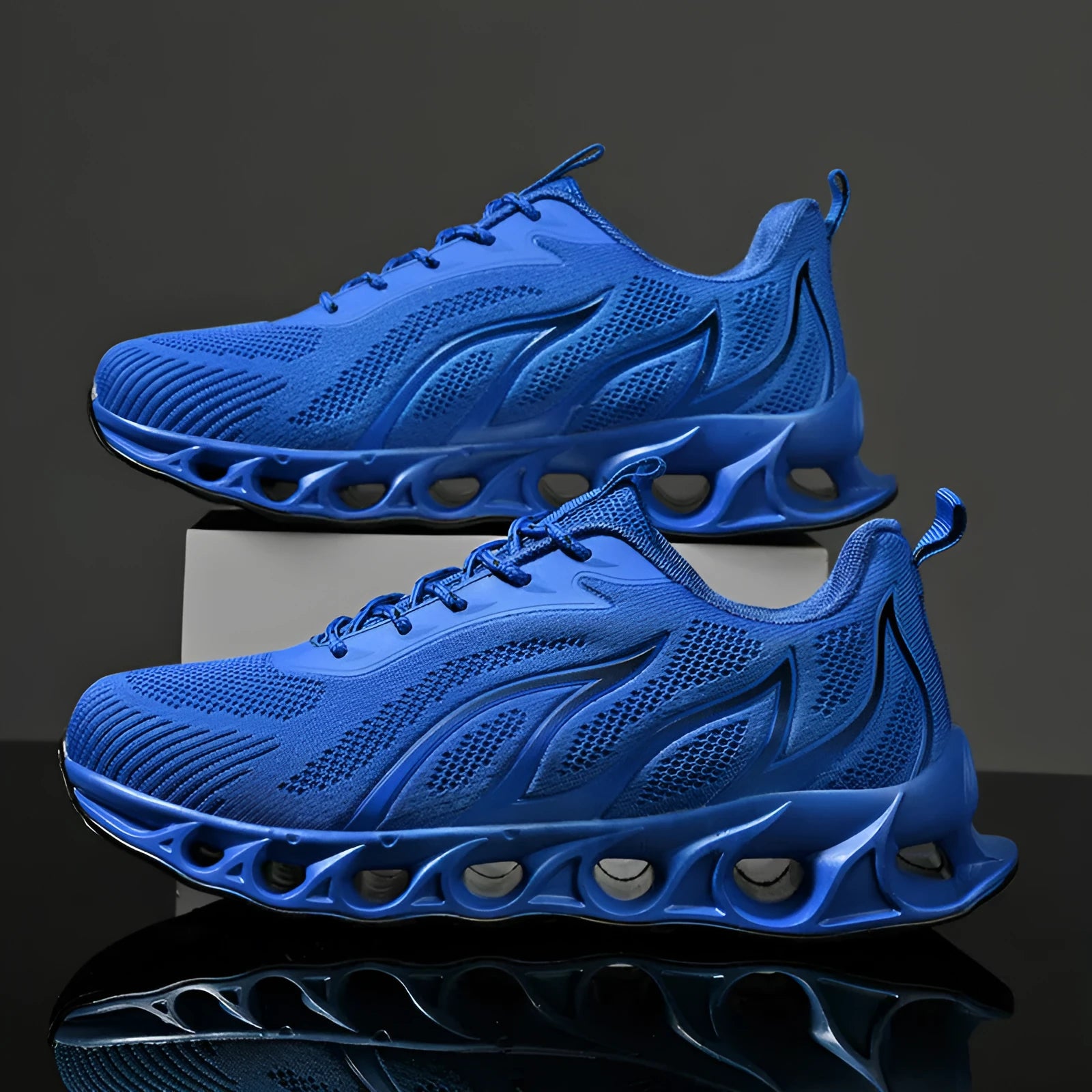 Sapphire Blue male sports casual versatile couple flame shoes with mesh upper and round toe showing lace-up closure