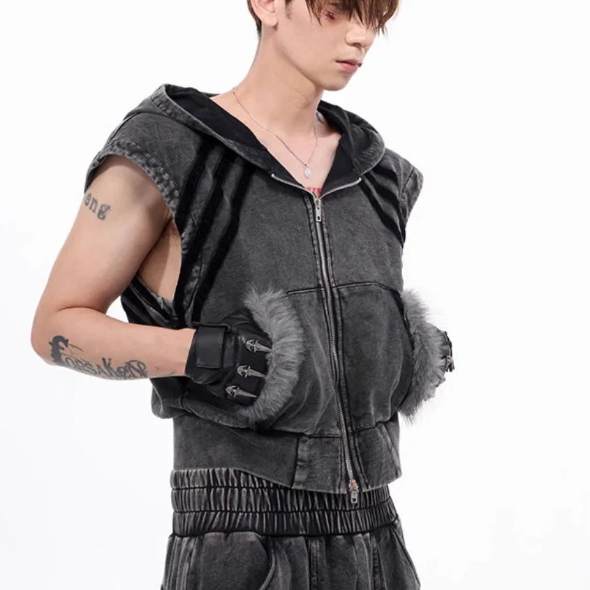 Stitching fur washed sleeveless hooded vest for teenagers in black and gray, front view with zipper