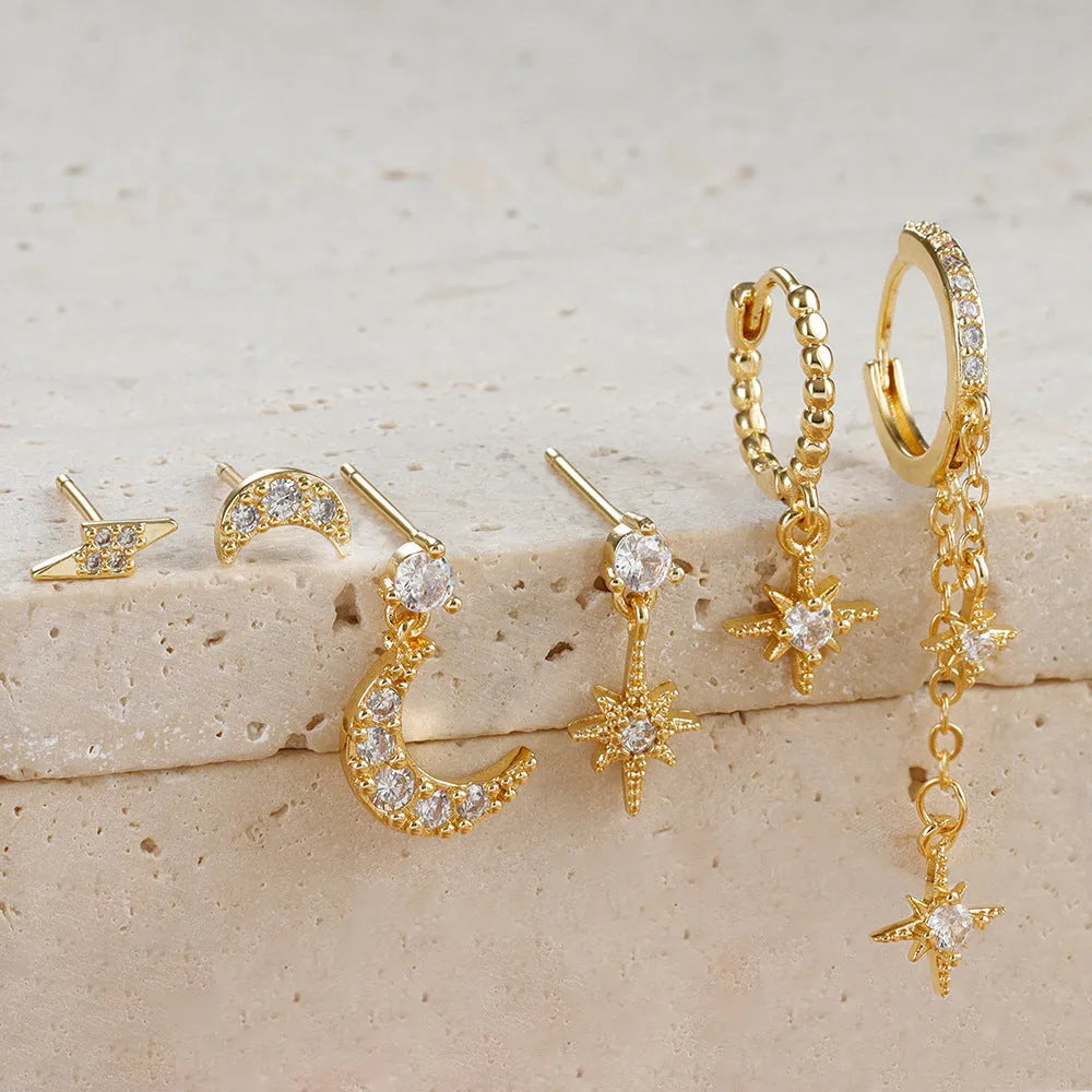 XINGX Six Mans gold electroplated chain tassel earrings six-piece set with zircon studs