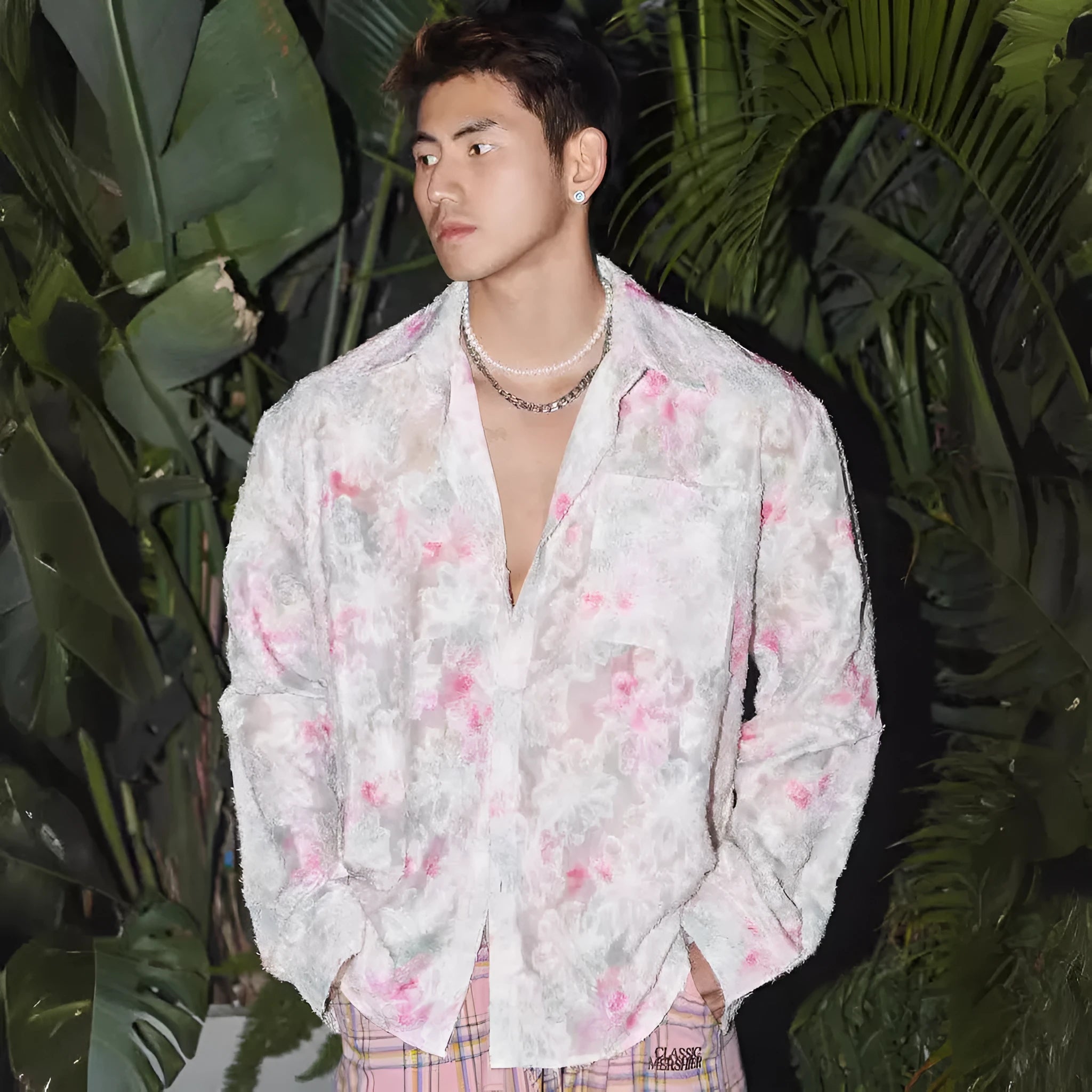 Blue floral long sleeve shirt with three-dimensional embossed pattern and loose fit design