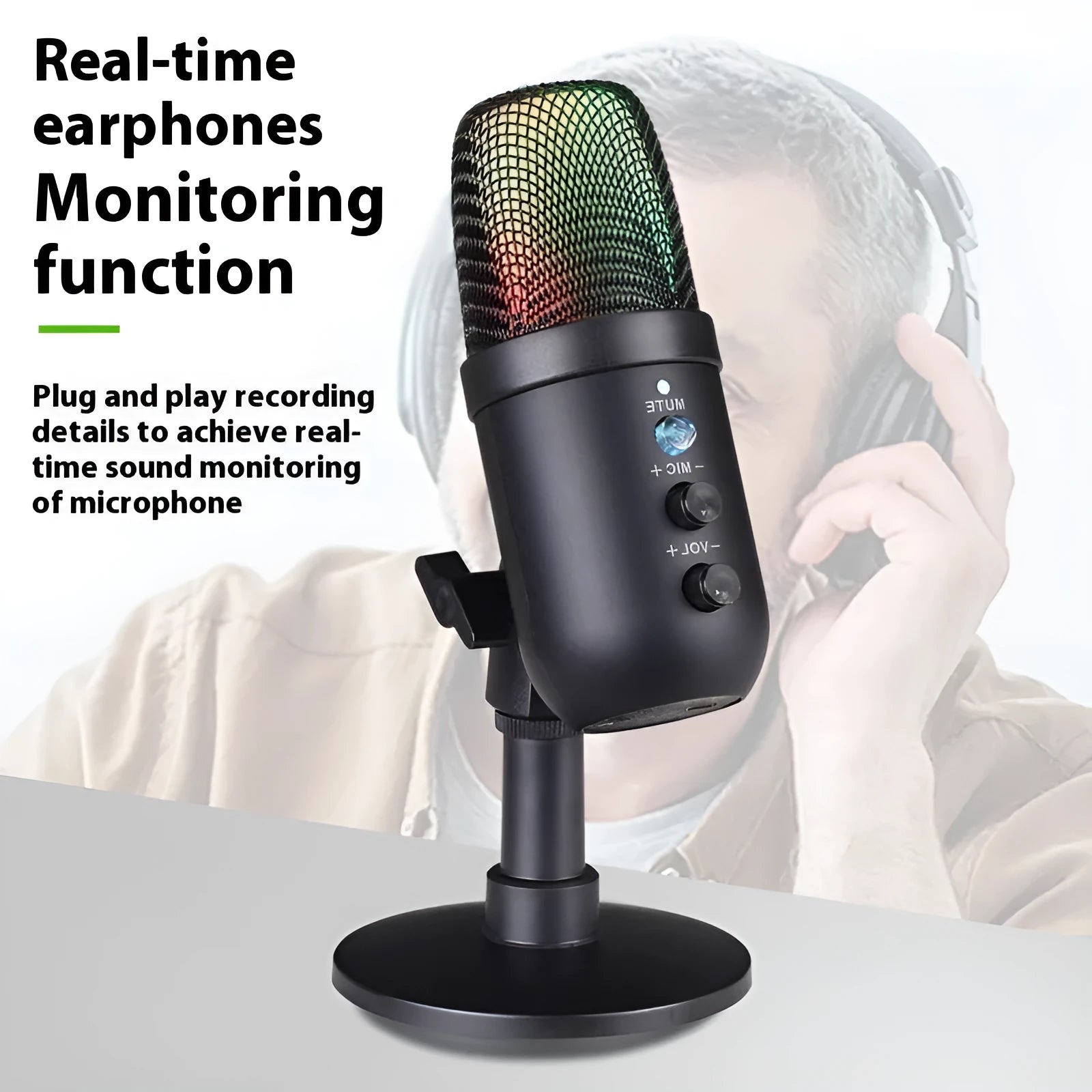 Black USB microphone with RGB lighting on a desktop for live karaoke and recording