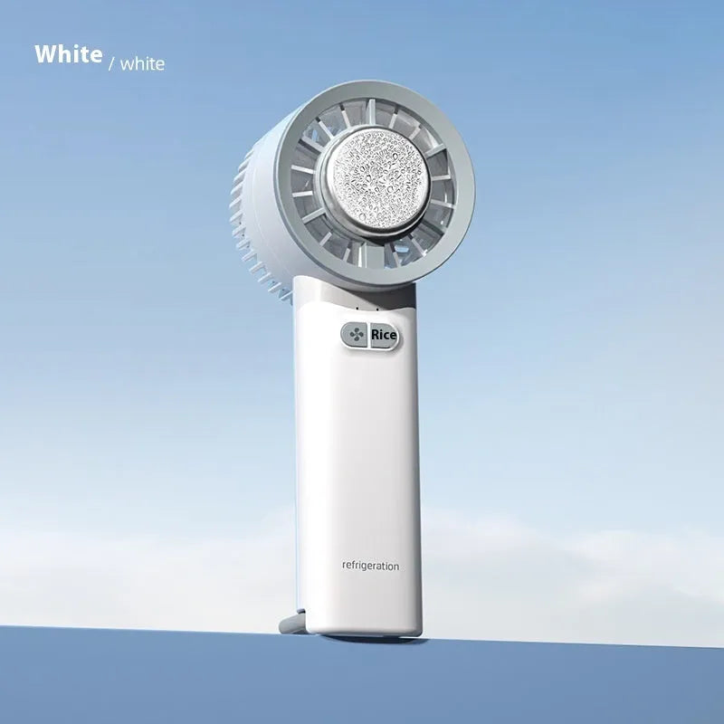 White handheld turbo jet fan with 18°C ice cooling and 6m/s airflow