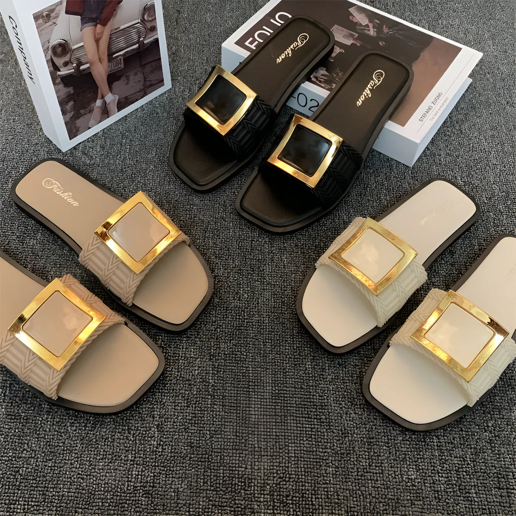 Women's casual flat slippers in apricot colour with waterproof PVC soles